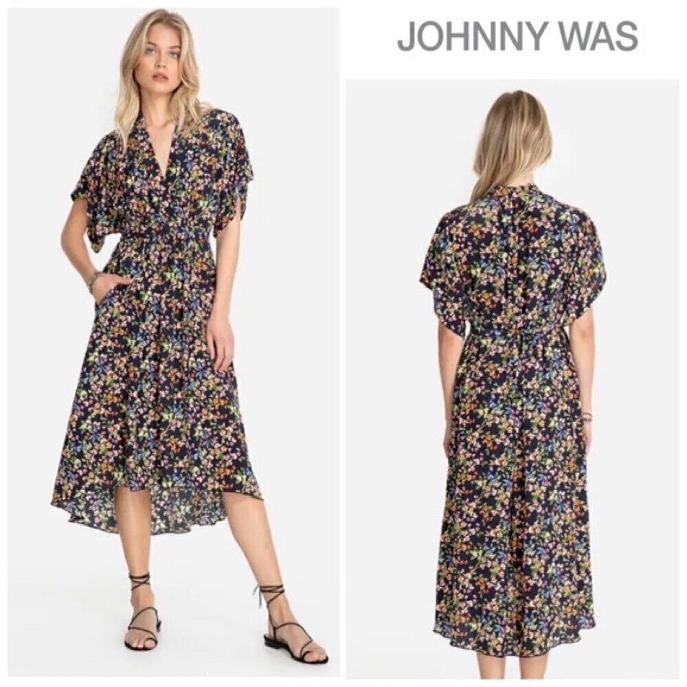 Jade Johnny Was Navy Floral Printed Silk Angelo Easy Midi Dress
